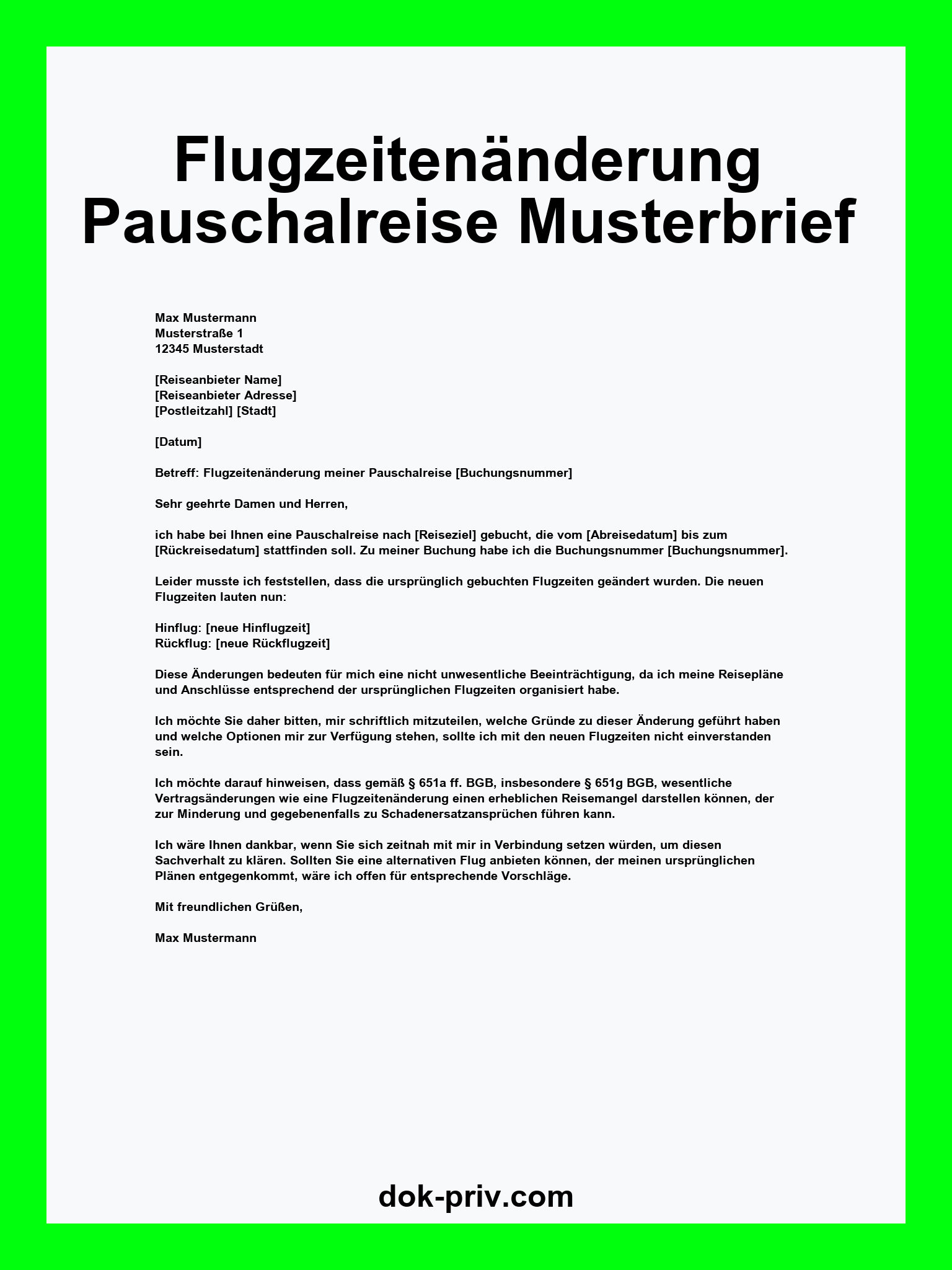 Flugzeitenänderung Pauschalreise Musterbrief