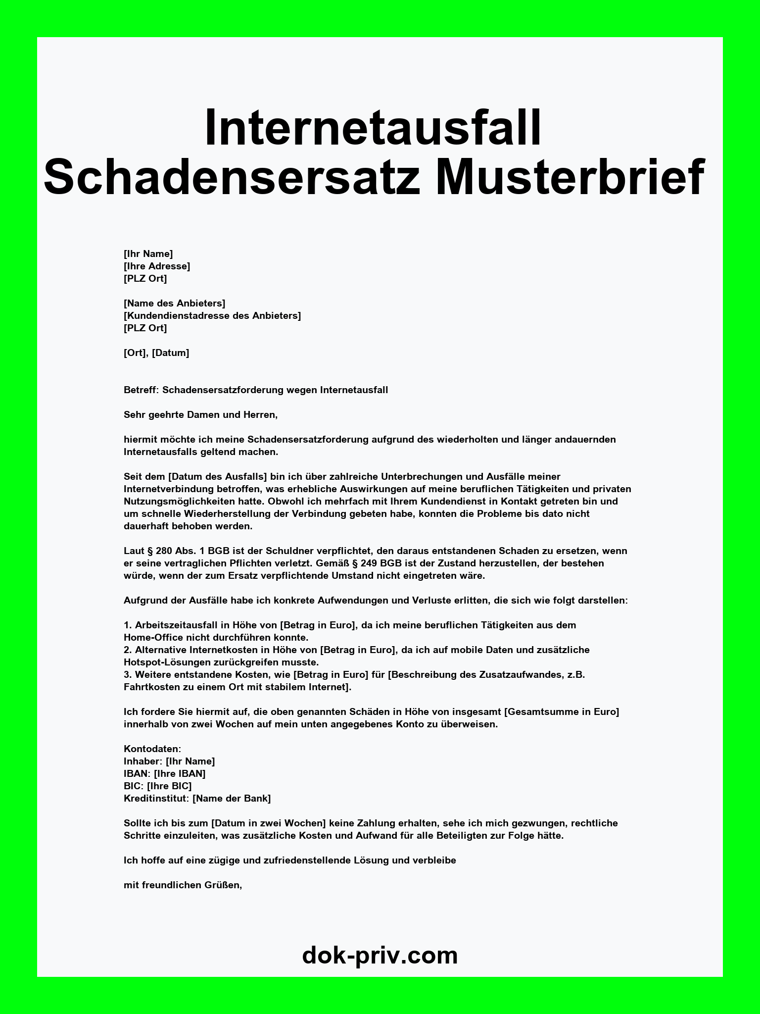 Internetausfall Schadensersatz Musterbrief