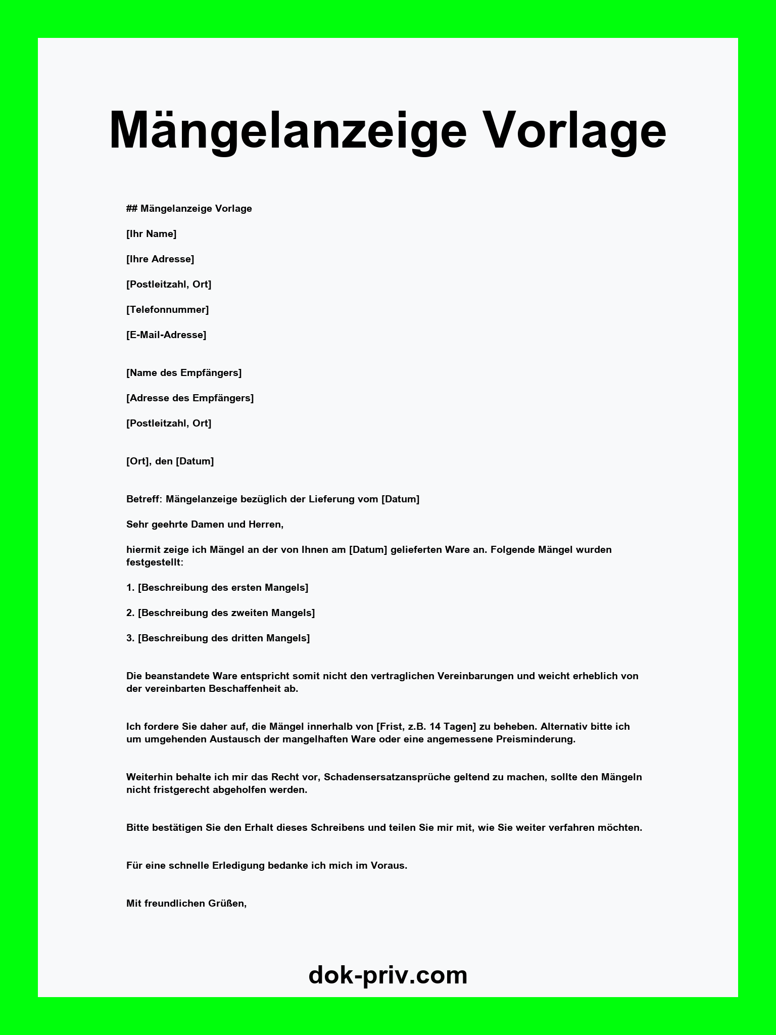 Mängelanzeige Vorlage WORD