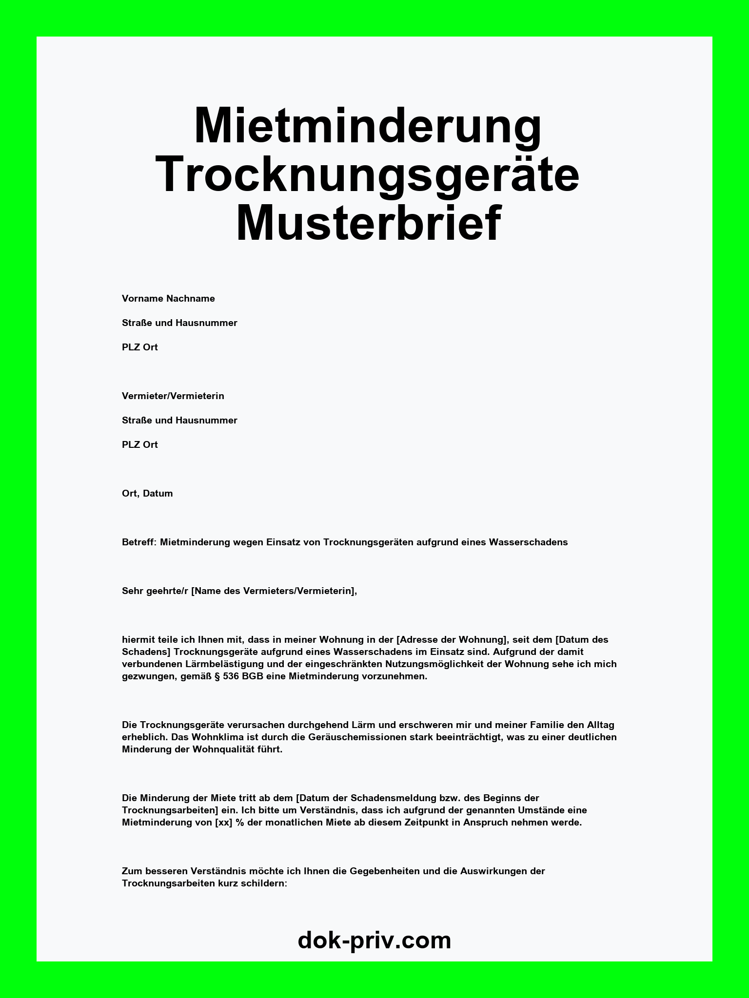 Mietminderung Trocknungsgeräte Musterbrief