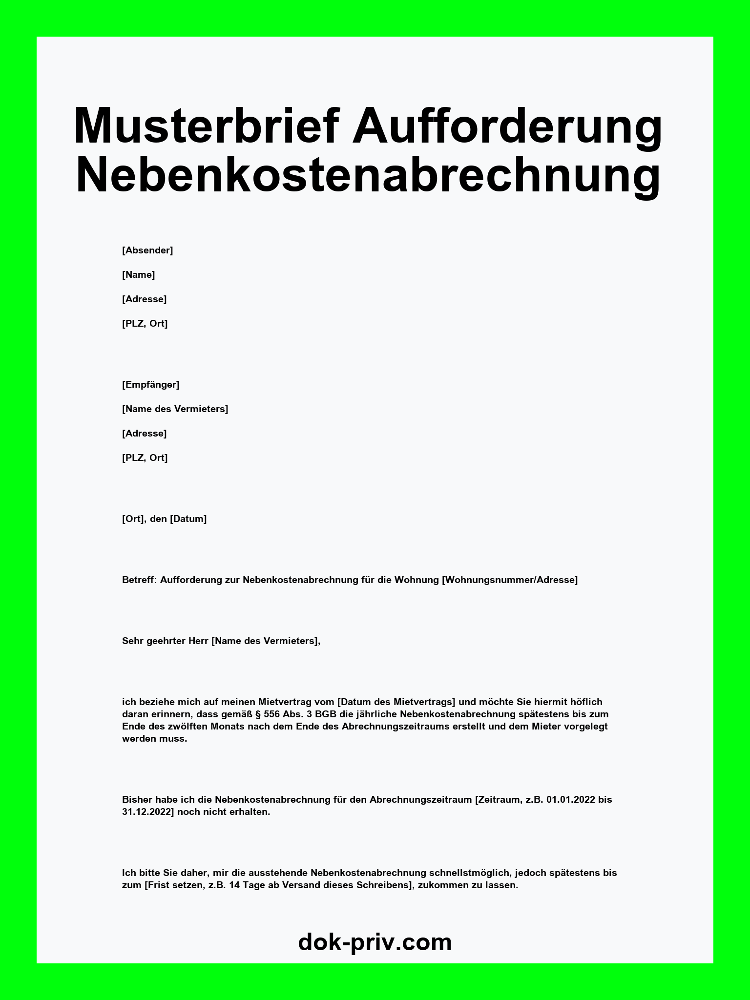 Musterbrief Aufforderung Nebenkostenabrechnung