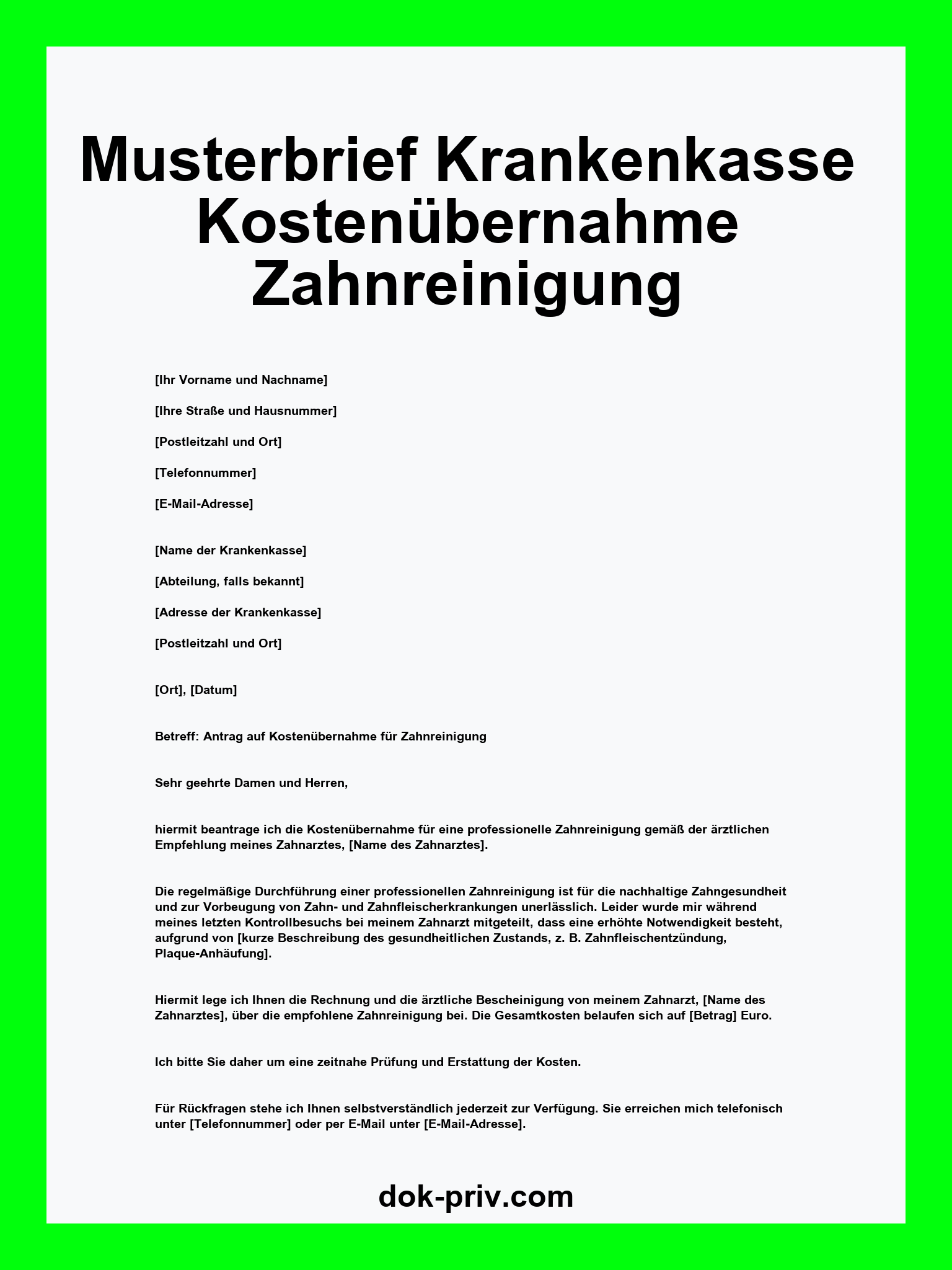 Musterbrief Krankenkasse Kostenübernahme Zahnreinigung