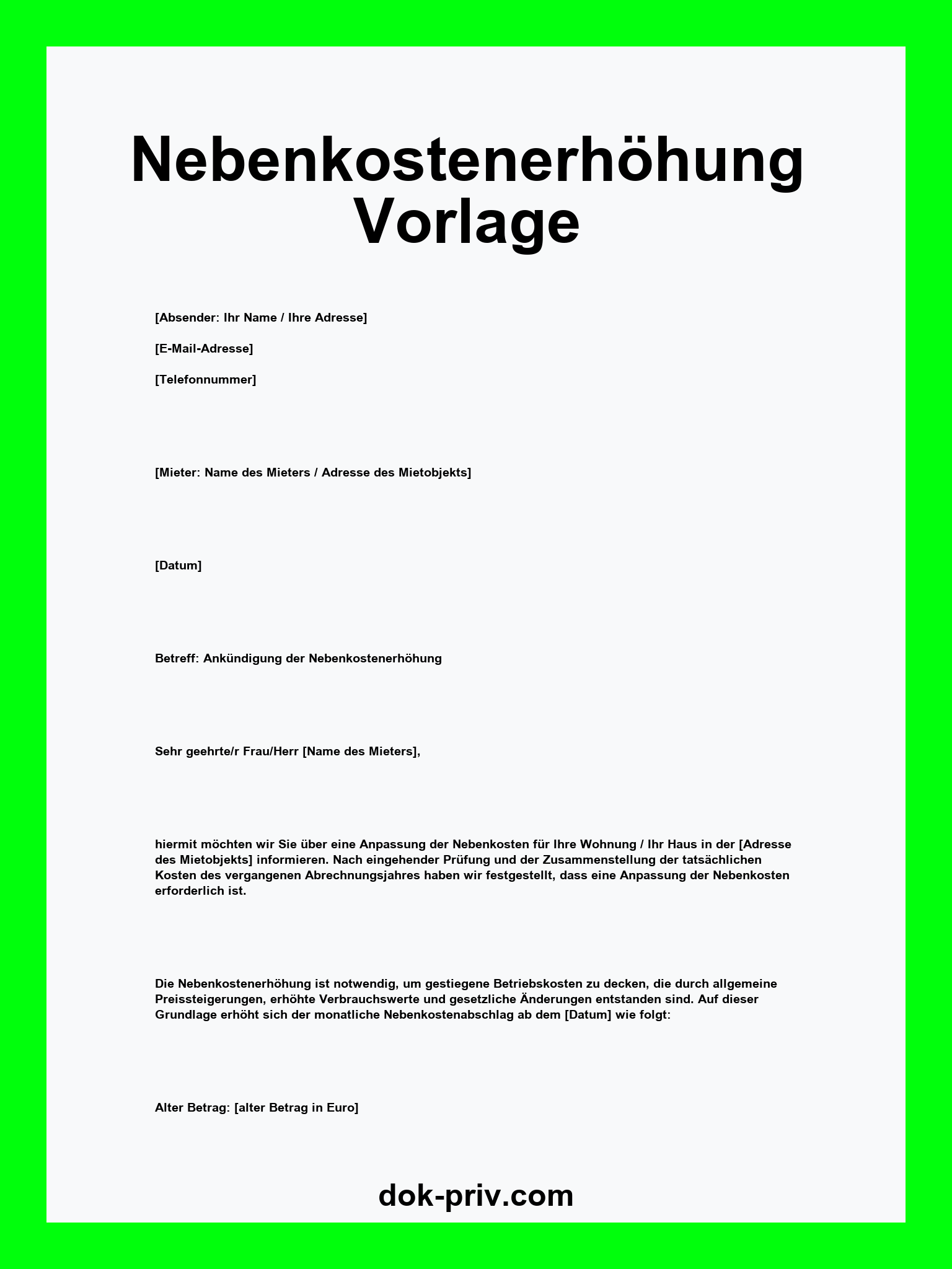 Nebenkostenerhöhung Vorlage WORD