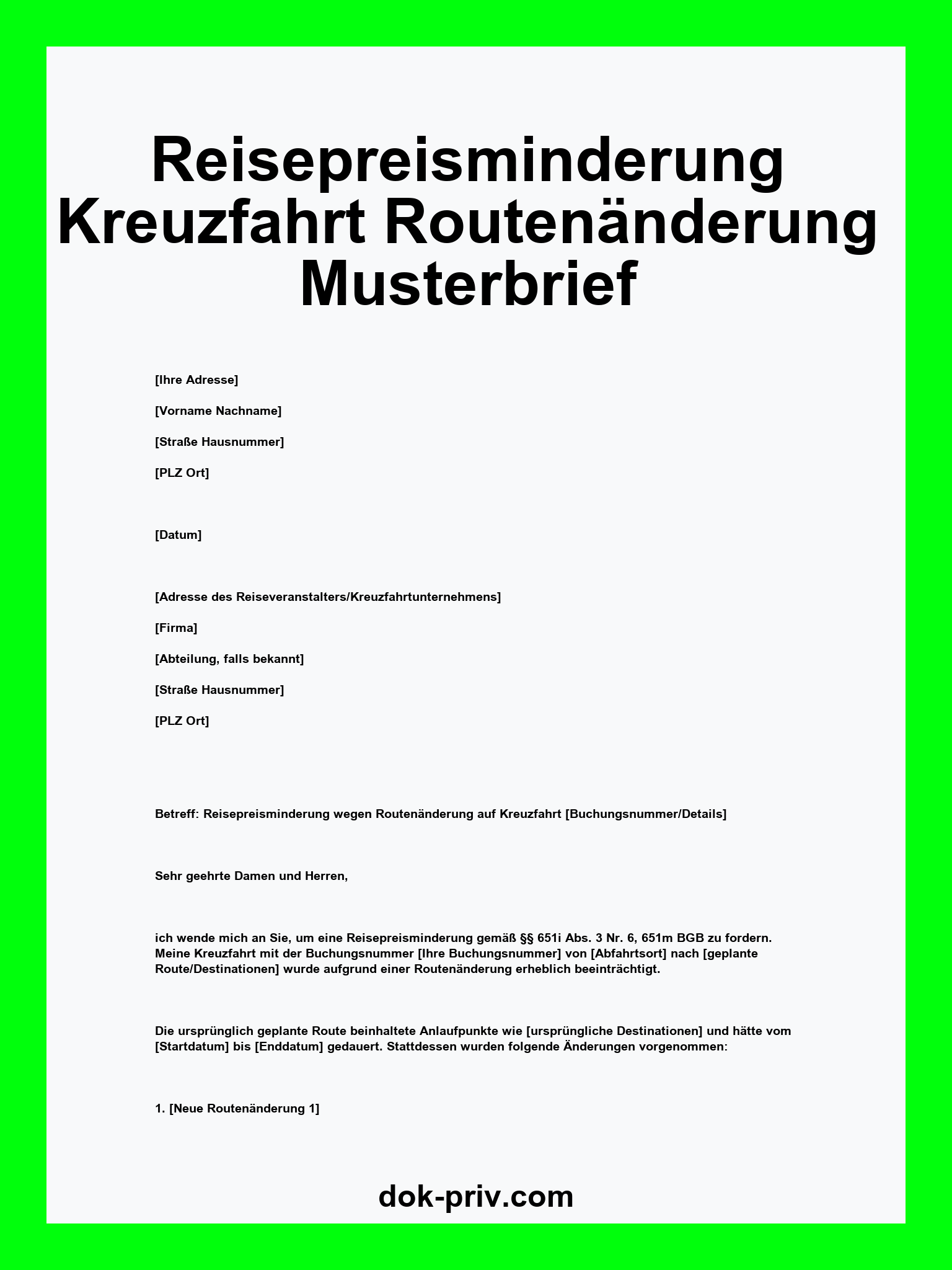 Reisepreisminderung Kreuzfahrt Routenänderung Musterbrief
