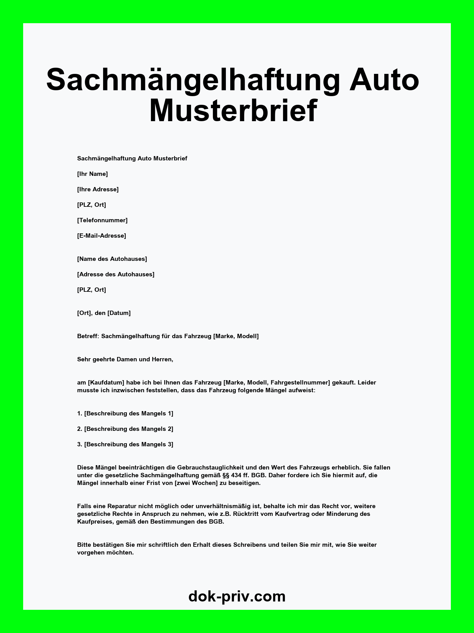 Sachmängelhaftung Auto Musterbrief