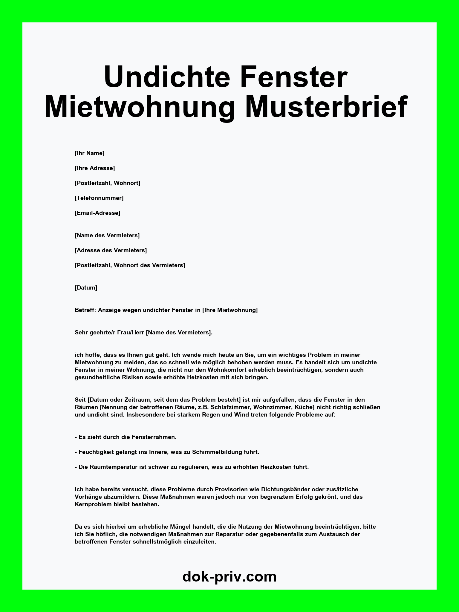 Undichte Fenster Mietwohnung Musterbrief