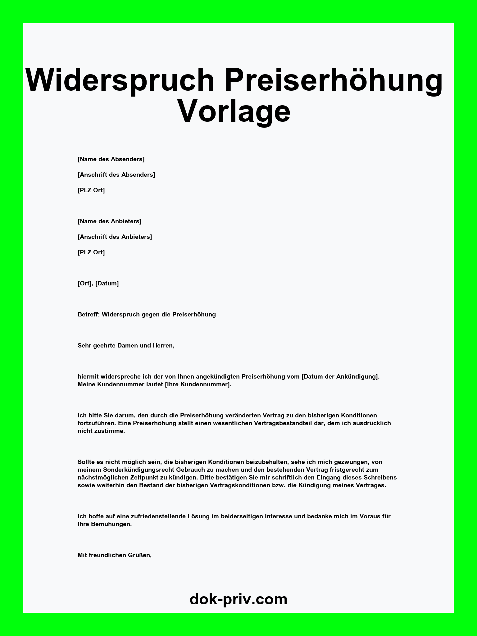 Widerspruch Preiserhöhung Vorlage